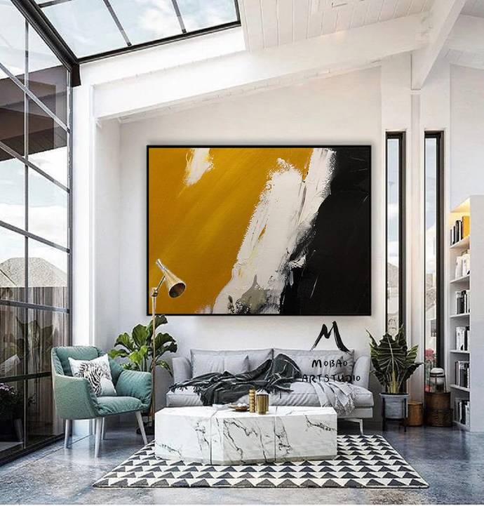 Living Black Contemporary Yellow Abstract Canvas Artwork O67H1 wall art